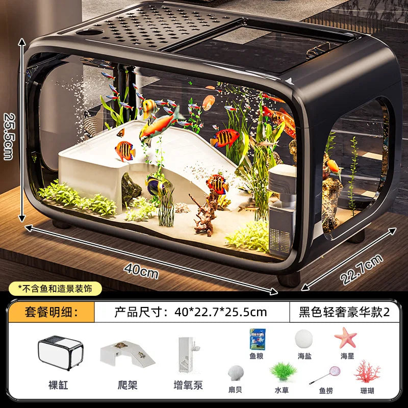 Creative Transparent Covered Aquarium Desktop Ecological Goldfish Tank Living Room Decorative Landscape Viewing Turtle Tank