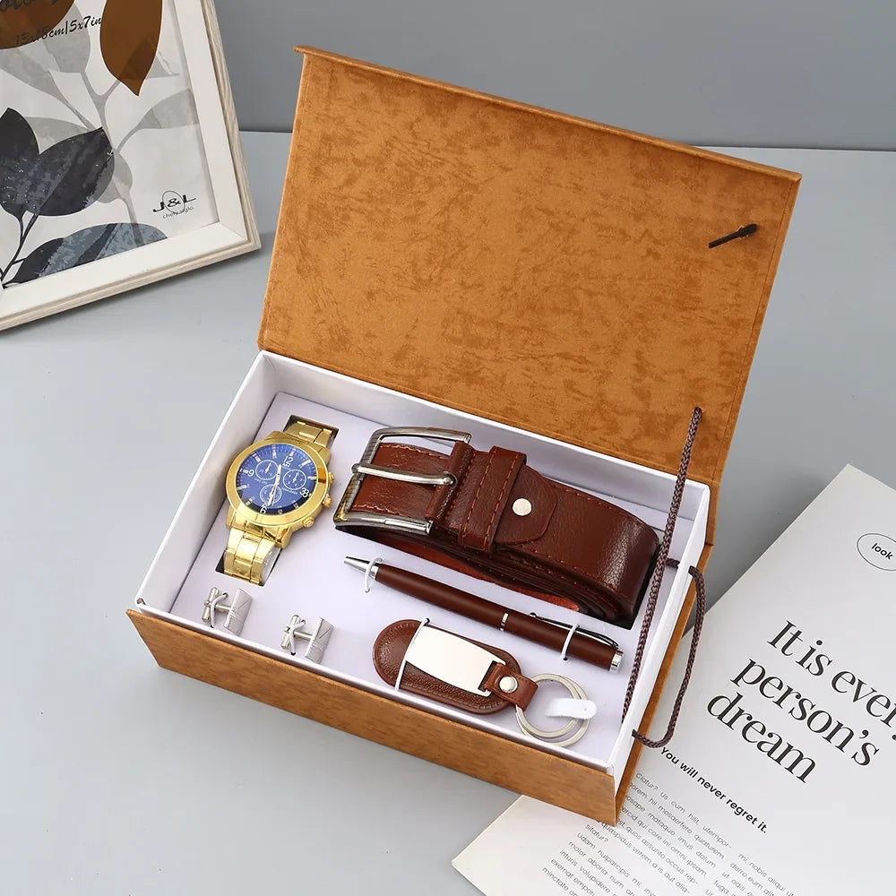 New Watch Men's Gift Set with Box Belt Wallet Set Keychain Sunglasses Cufflinks Ballpoint Pen Father's Day Gift Business Box Set