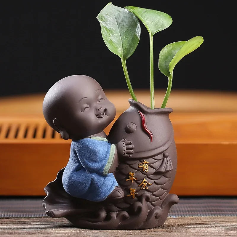 Fortune Lucky Cute The Little Monk Purple Clay Tea Pet Home Decor Mini Water Planting Flower Vase