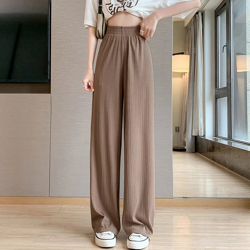 Korea Dongdaemun Ice Silk Wide-leg Pants Women's Thin Slimming Floor Pants White Striped Pants Y2K Fashion Pants Baggy