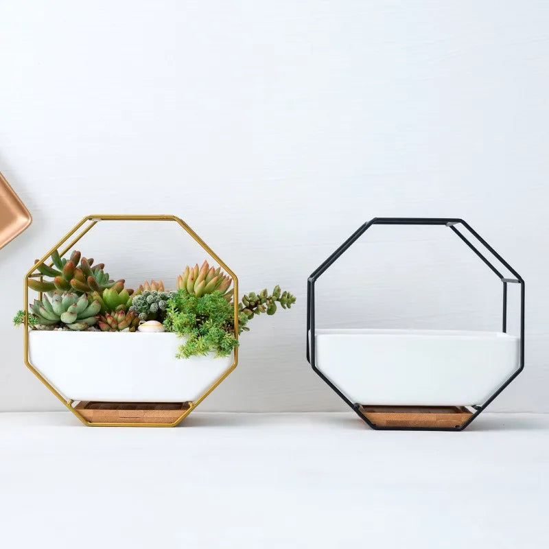 Nordic Creative Ironwork Ceramic Flowerpot Simple Geometric Metal Stand Set Succulent Plant Green Plant Potted Decoration