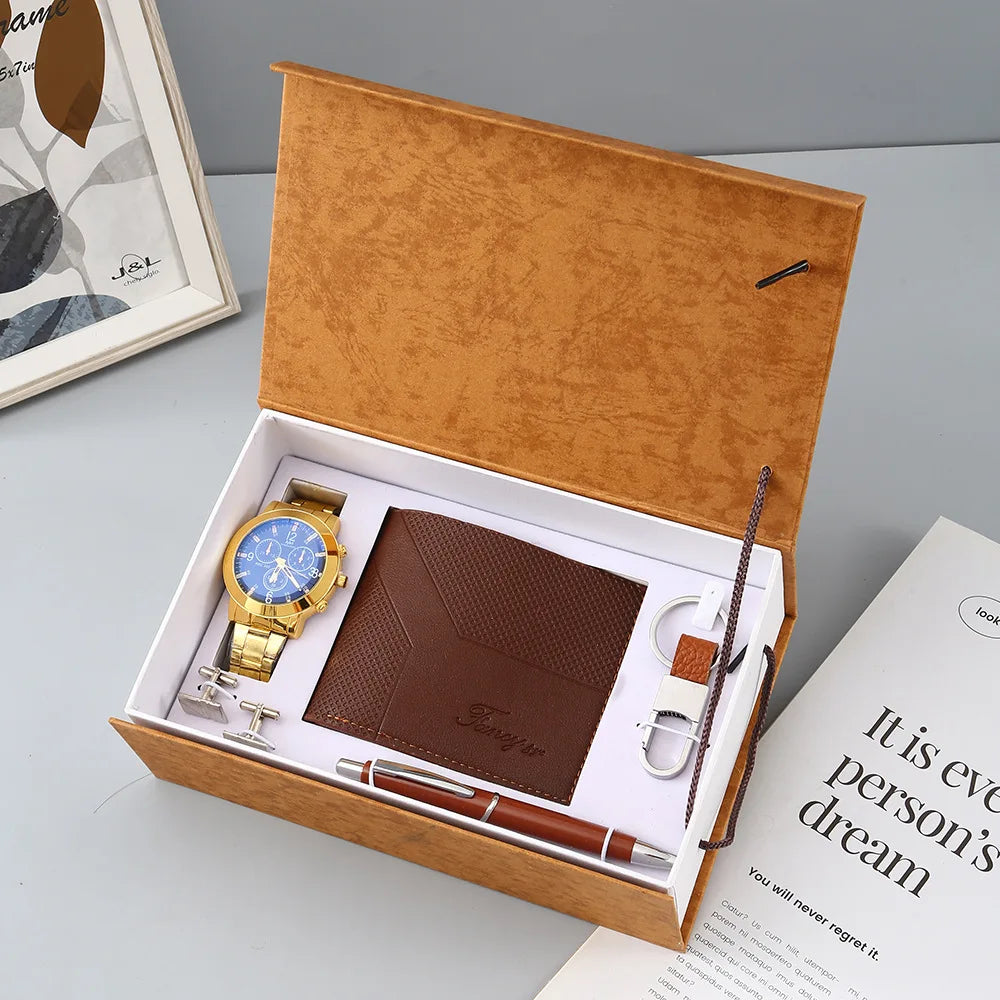 New Watch Men's Gift Set with Box Belt Wallet Set Keychain Sunglasses Cufflinks Ballpoint Pen Father's Day Gift Business Box Set
