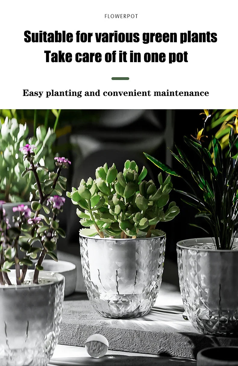 Self Watering Flowerpot Automatic Water Absorbing Flowerpot Transparent Double Layer Plastic Succulent Plant Pot Decorative Pot
