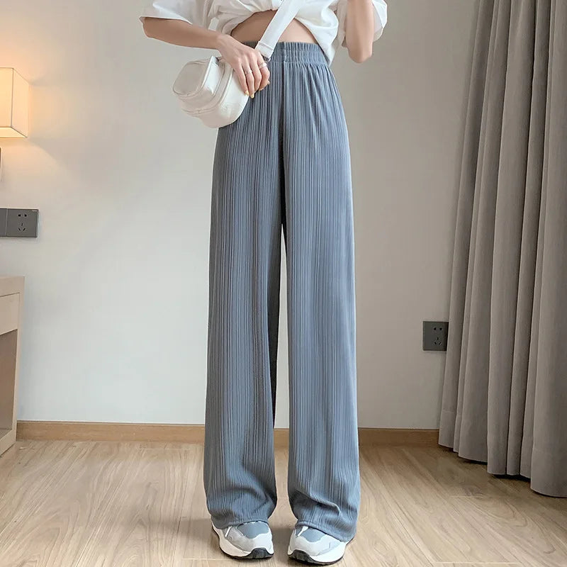 Korea Dongdaemun Ice Silk Wide-leg Pants Women's Thin Slimming Floor Pants White Striped Pants Y2K Fashion Pants Baggy