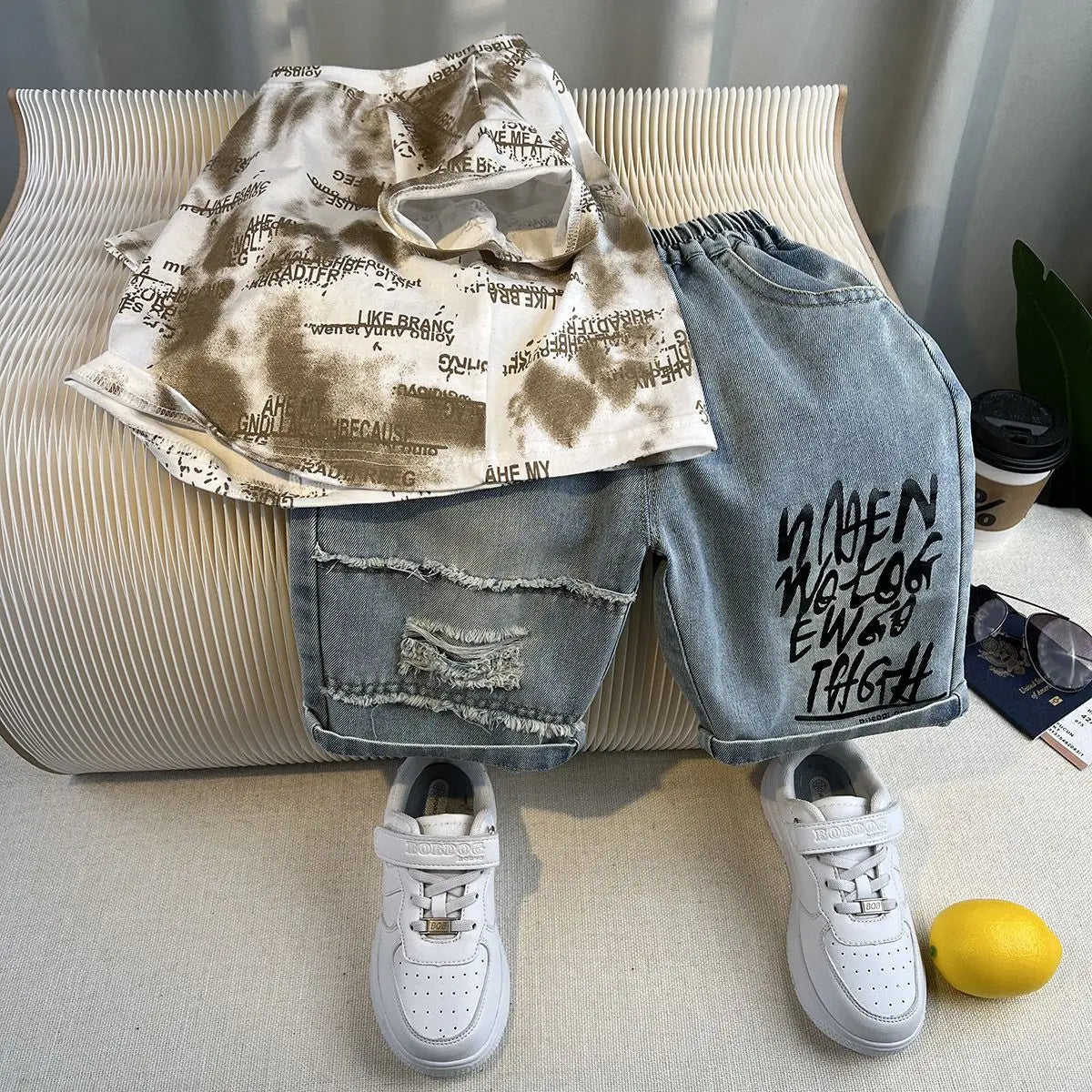 New Boys Fashion Summer Cotton Letter Printing T-shirts+Graffiti Denim Shorts 2pcs Set Kids Korean Outfits Sets Children Clothes