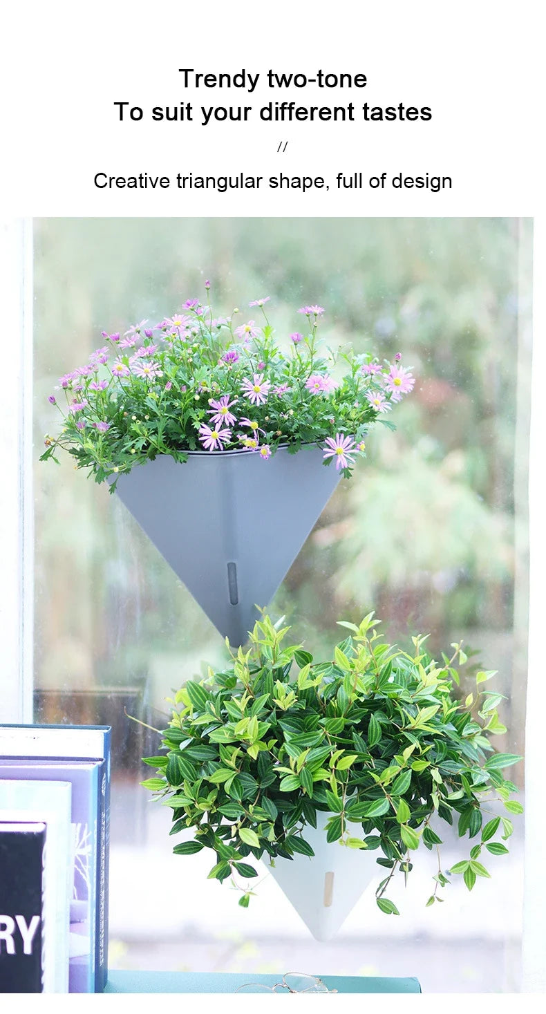 Fashion Triangular Wall Mounted Flower Pots Self Watering Hanging Basin for Plants Lazy Flowerpot Office Home Garden Accessories