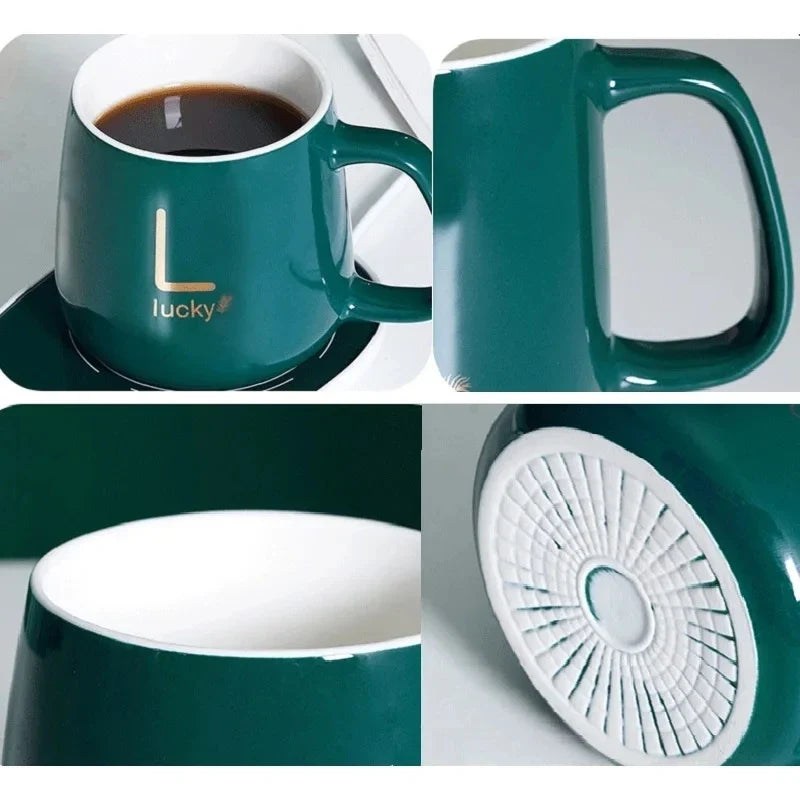 Heated Coffee & Tea Mug Set, Ceramic Thermostatic Cup with Lid & Spoon, Fashionable Lucky Cup, Valentine’s Day Gift