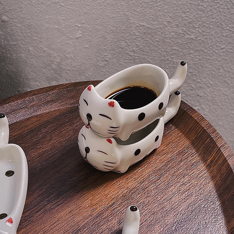 Cute Cat Ceramic Small Dish Mini Mustard Pesto Tomato Ketchup Soy Sauce Dish Seasoning Plates With Handle For Home Restaurant