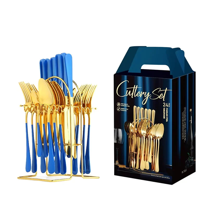 24pcs Knife Fork Spoon Dinnerware Set Rose Gold Tableware Stainless Steel Flatware Kitchen Cutlery Set with Luxury Storage Rack