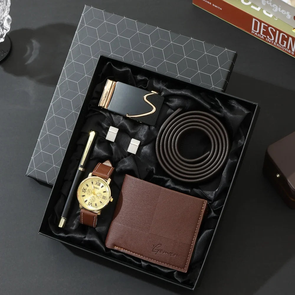 New Luxury Men's Accessory Set Watch Belt Wallet Pen Keychain Bracelet Cufflinks Sunglasses Gift Box for Dad Husband Boyfriend
