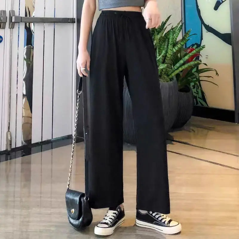 New Women Ankle-Length Wide Leg Pants Casual Summer Solid Elastic Waist Loose Ice Silk Pants Spring Summer Female Trousers