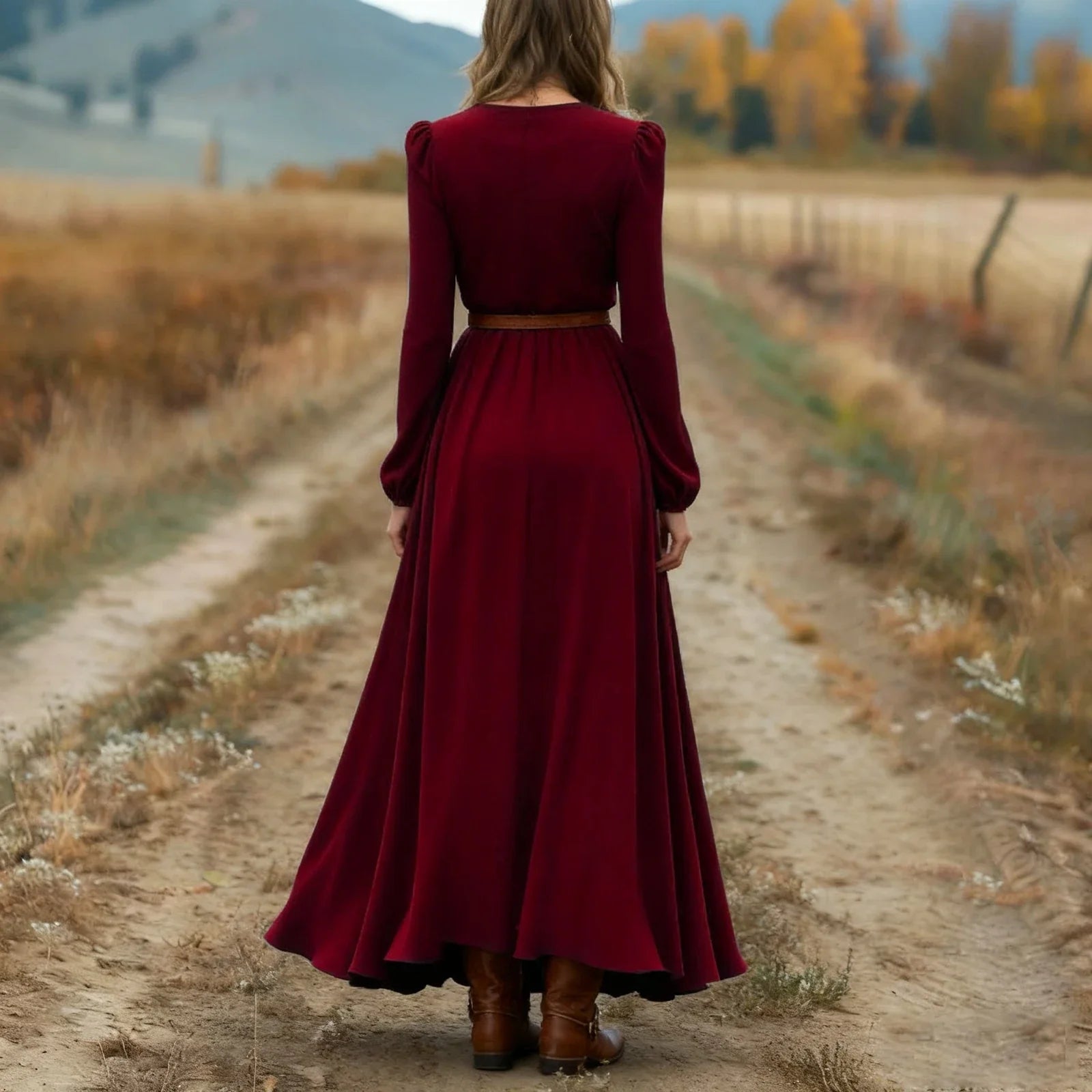 Women's Spring Autumn Retro Western Style V-neck Long Sleeve Dress Fashion Casual Long Dresses Elegant Party Dresses(no belt)