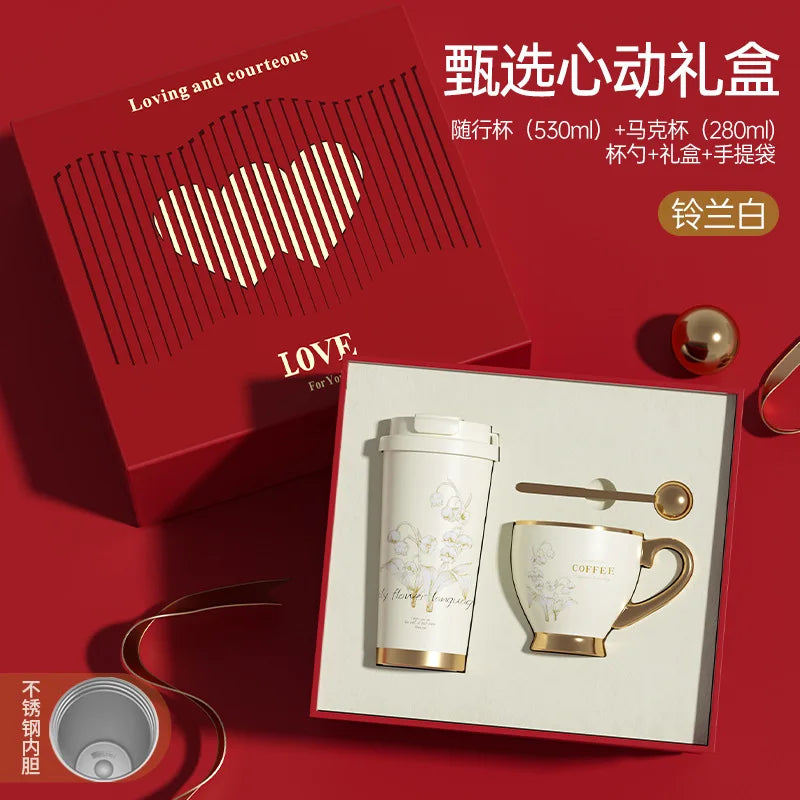Gold Rim Ceramic Coffee Mug Large Luxury Ceramic Cup Set For GiftStainless Steel Vacuum Flask Customizable