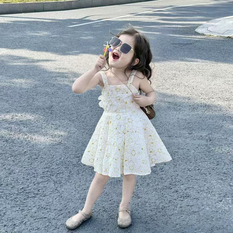 Children's Korean Style Flower Backless Princess Beach Suspender Dress