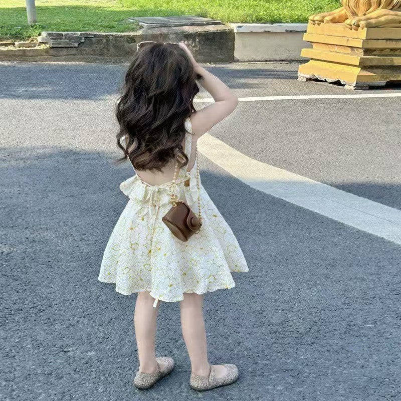 Children's Korean Style Flower Backless Princess Beach Suspender Dress