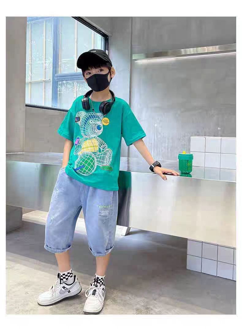 Colorful Bear Print Children's Short-sleeved T-shirt Boys loose Off-shoulder Fashion Dress (Available)