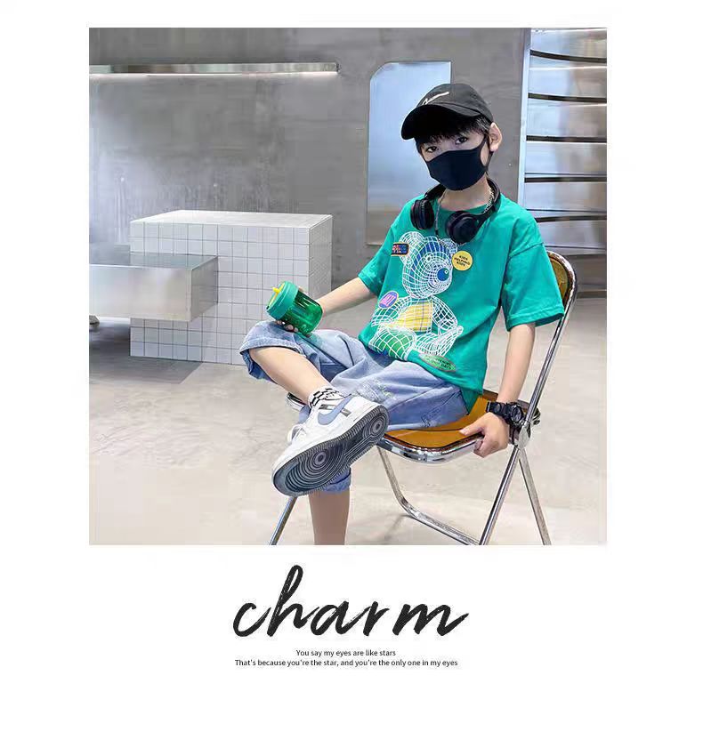 Colorful Bear Print Children's Short-sleeved T-shirt Boys loose Off-shoulder Fashion Dress (Available)