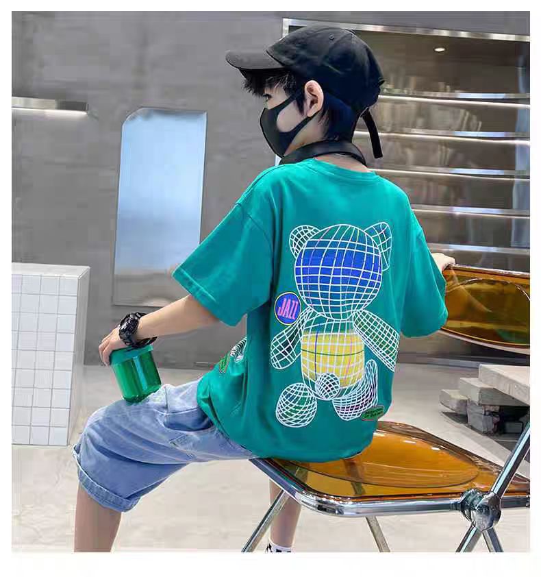 Colorful Bear Print Children's Short-sleeved T-shirt Boys loose Off-shoulder Fashion Dress (Available)