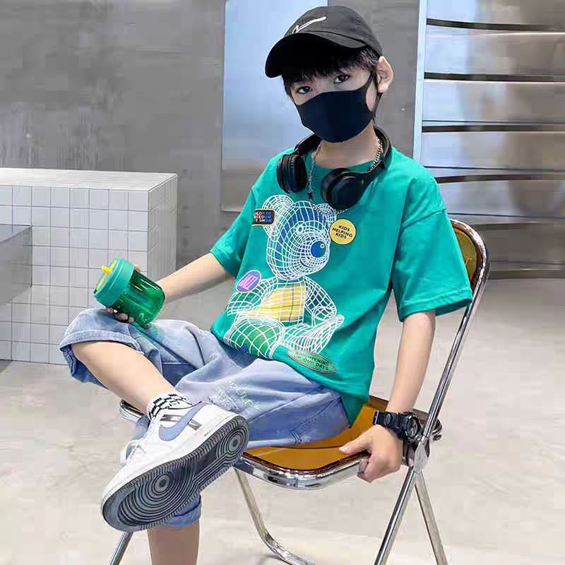 Colorful Bear Print Children's Short-sleeved T-shirt Boys loose Off-shoulder Fashion Dress (Available)