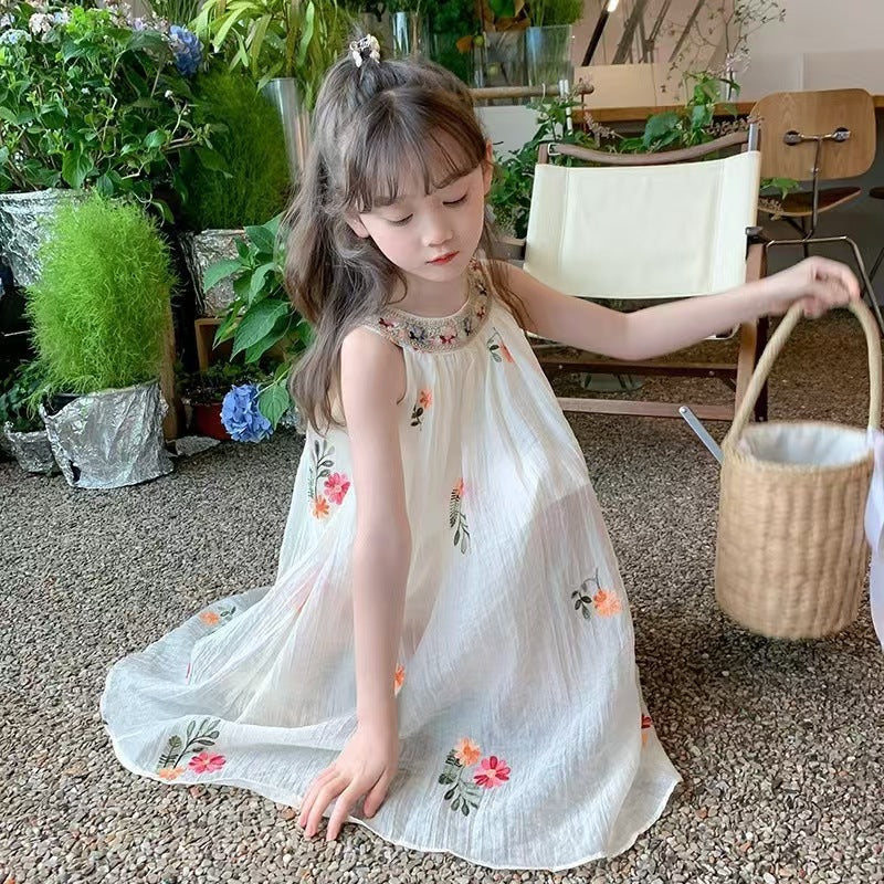 Girls Embroidered Korean Style Sleeveless Dress (Available)