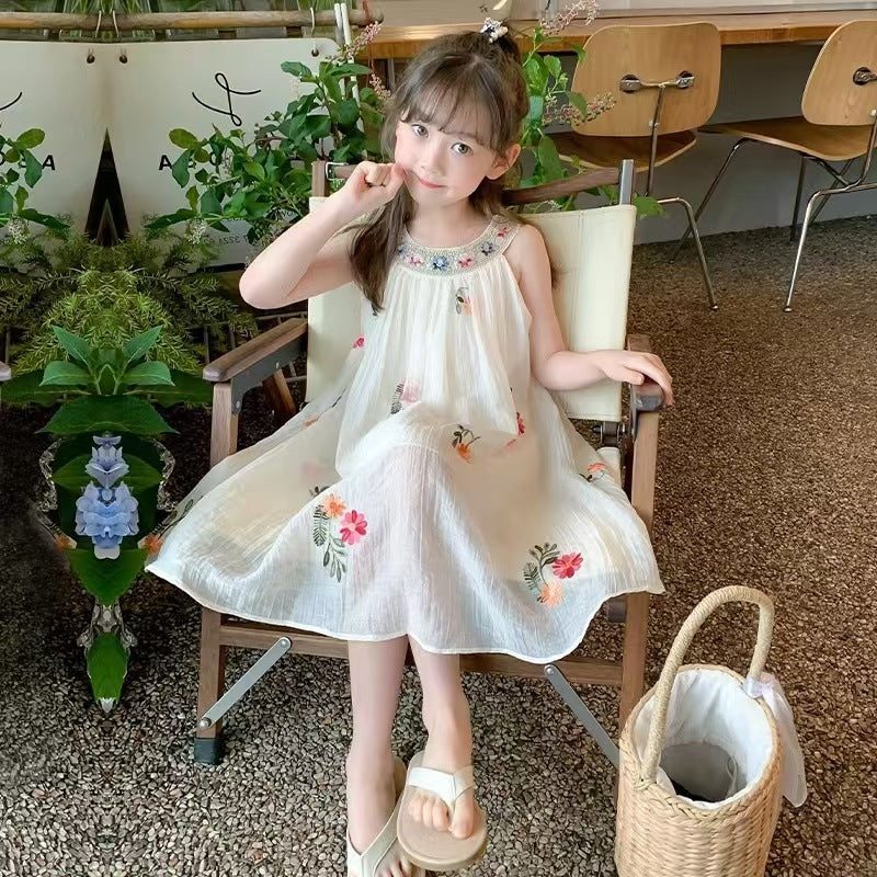 Girls Embroidered Korean Style Sleeveless Dress (Available)