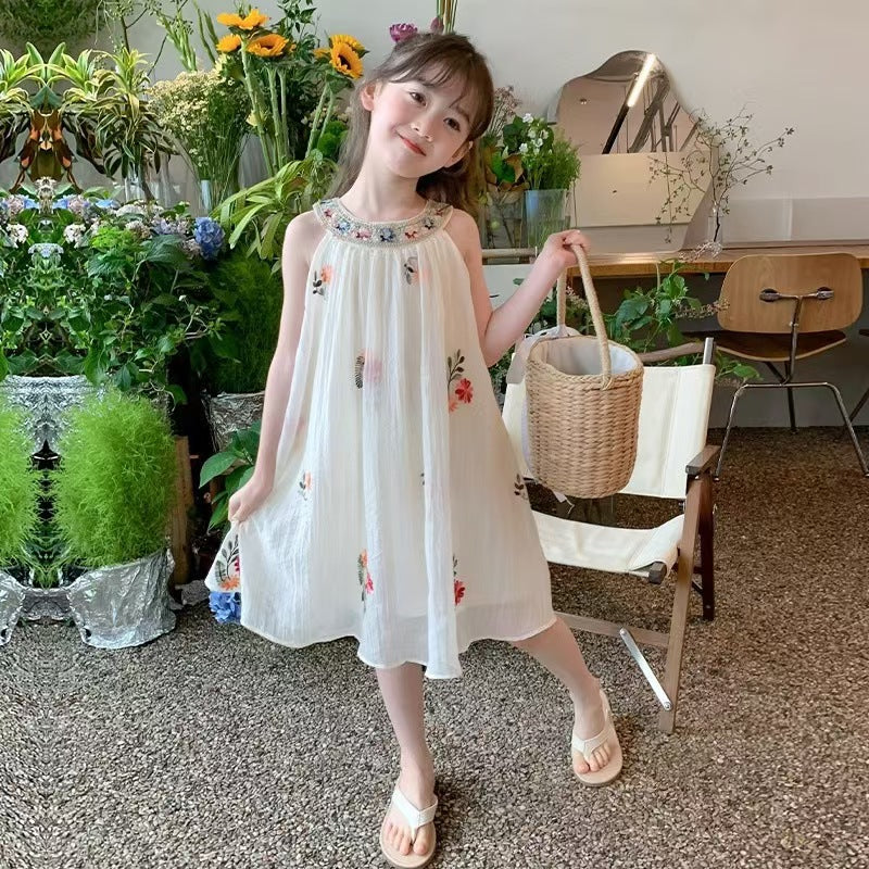 Girls Embroidered Korean Style Sleeveless Dress (Available)