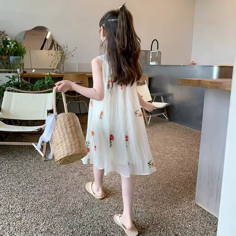 Girls Embroidered Korean Style Sleeveless Dress (Available)
