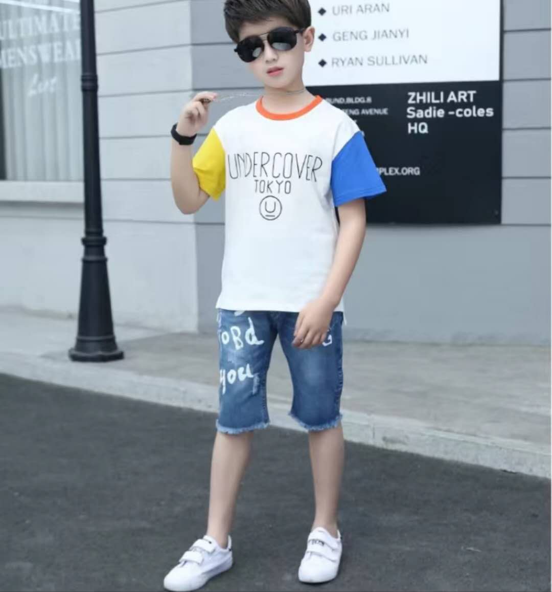 Summer Clothing For Boys Short Sleeve Sets Fashion Letters Patchwork Print Top & Pants 2 Piece Suits Children Outfits Costums (Available)