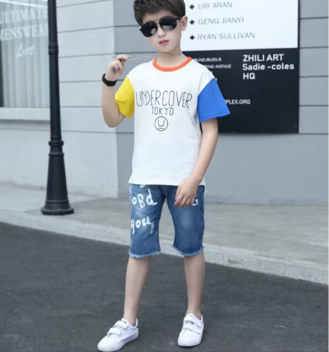 Summer Clothing For Boys Short Sleeve Sets Fashion Letters Patchwork Print Top & Pants 2 Piece Suits Children Outfits Costums (Available)