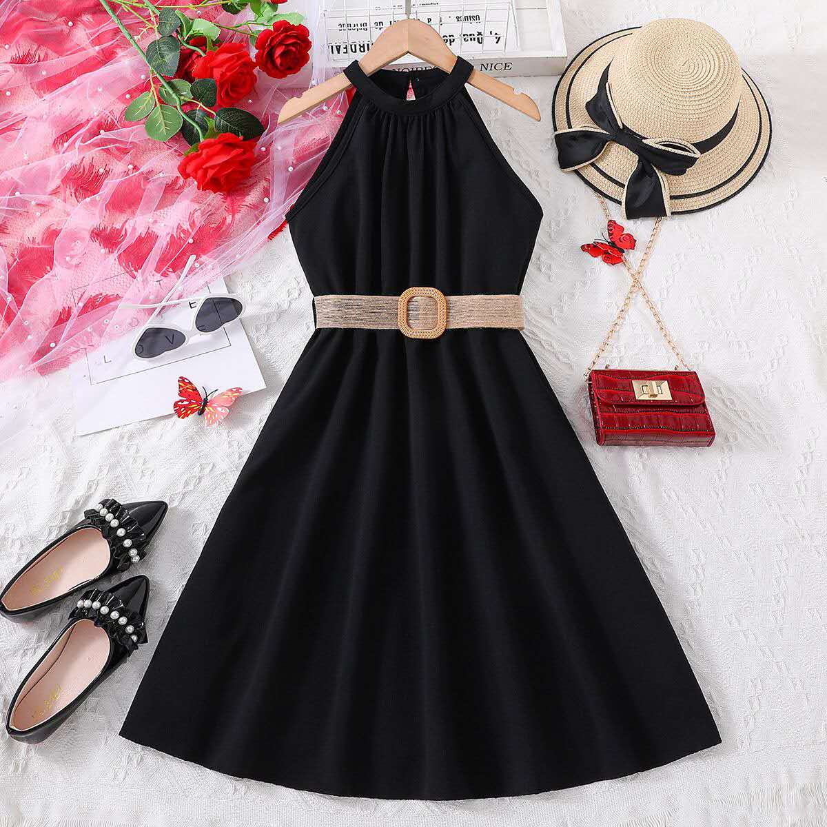 Girls halter dress Bangladesh summer long party dress with belt for teenage girls fashion outfit