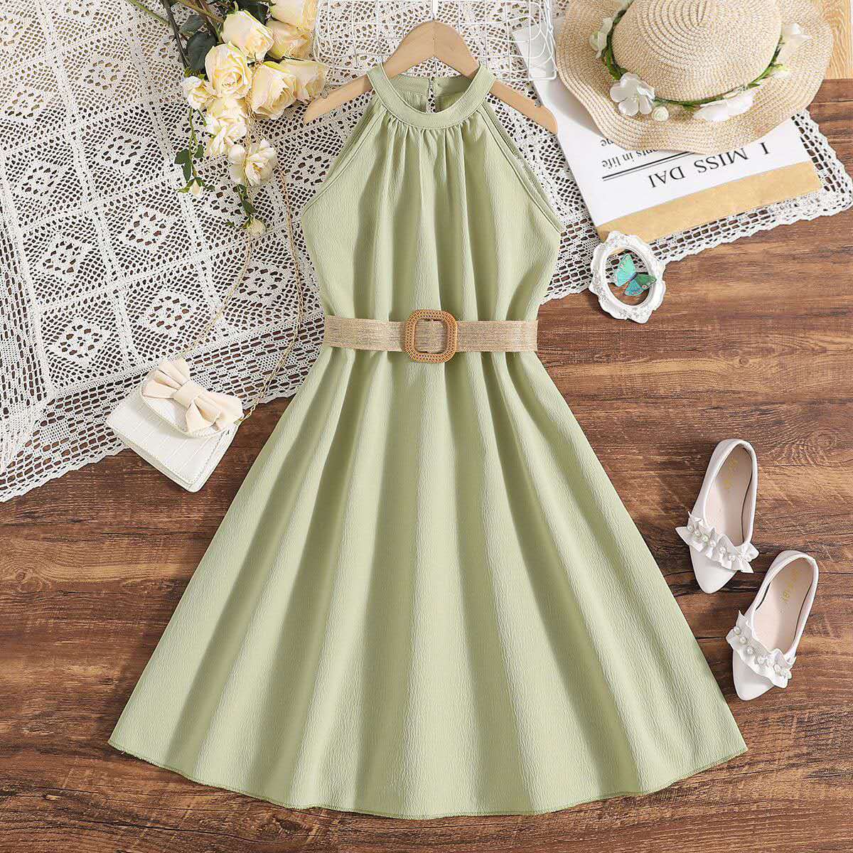 Girls halter dress Bangladesh summer long party dress with belt for teenage girls fashion outfit