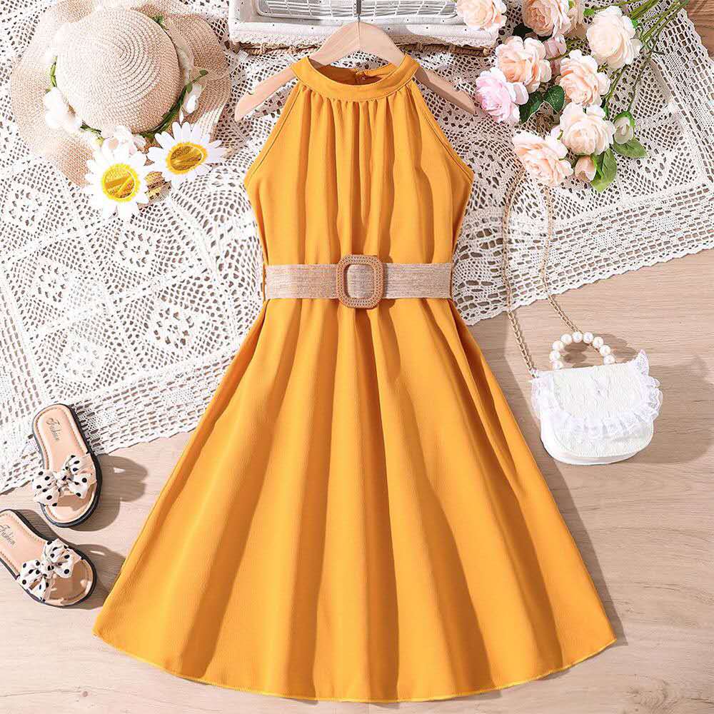 Girls halter dress Bangladesh summer long party dress with belt for teenage girls fashion outfit