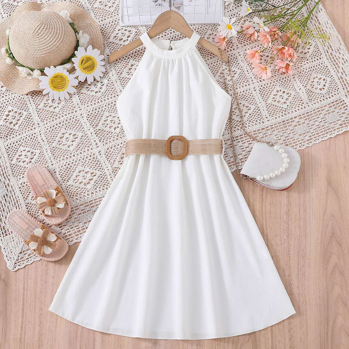 Girls halter dress Bangladesh summer long party dress with belt for teenage girls fashion outfit