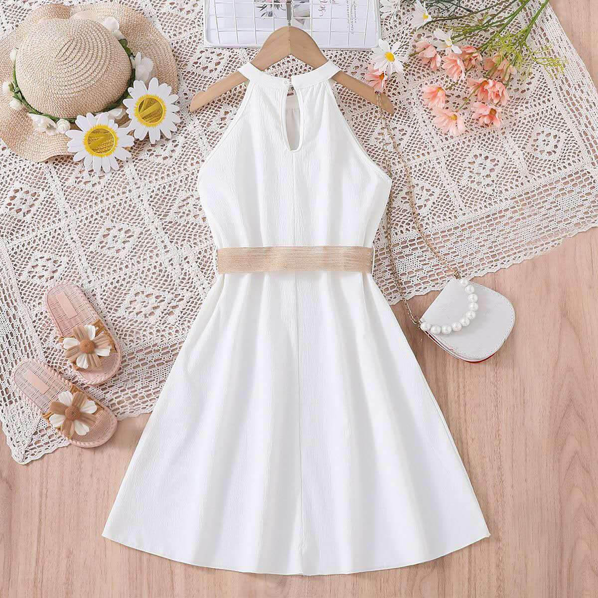 Girls halter dress Bangladesh summer long party dress with belt for teenage girls fashion outfit