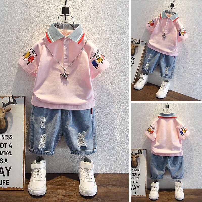 Children's Summer Clothes Short-Sleeved Jeans Two-Piece Trendy Set  (Available)