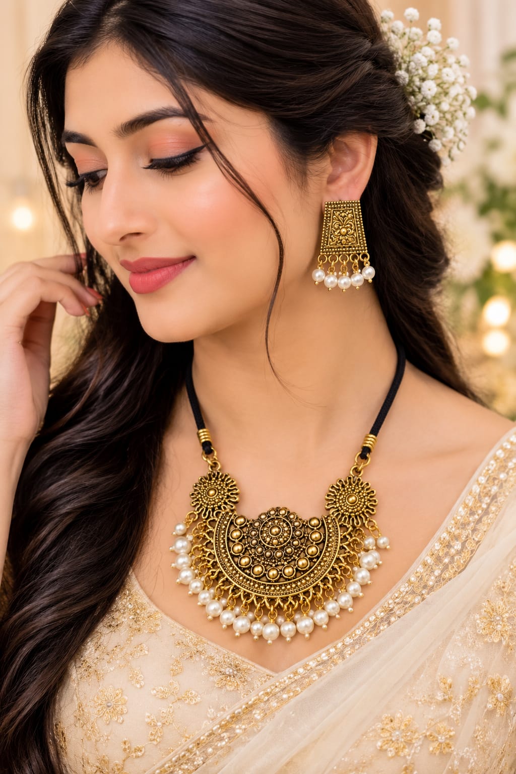 Antique Gold Finish Statement Necklace with Pearl Drop Earrings