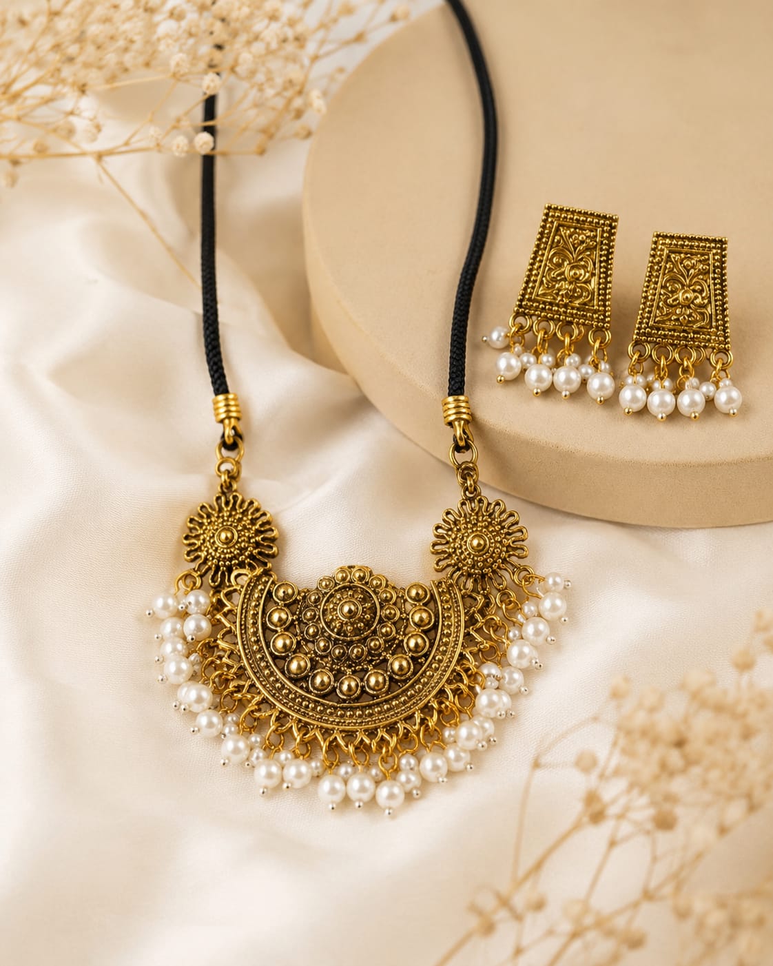 Antique Gold Finish Statement Necklace with Pearl Drop Earrings