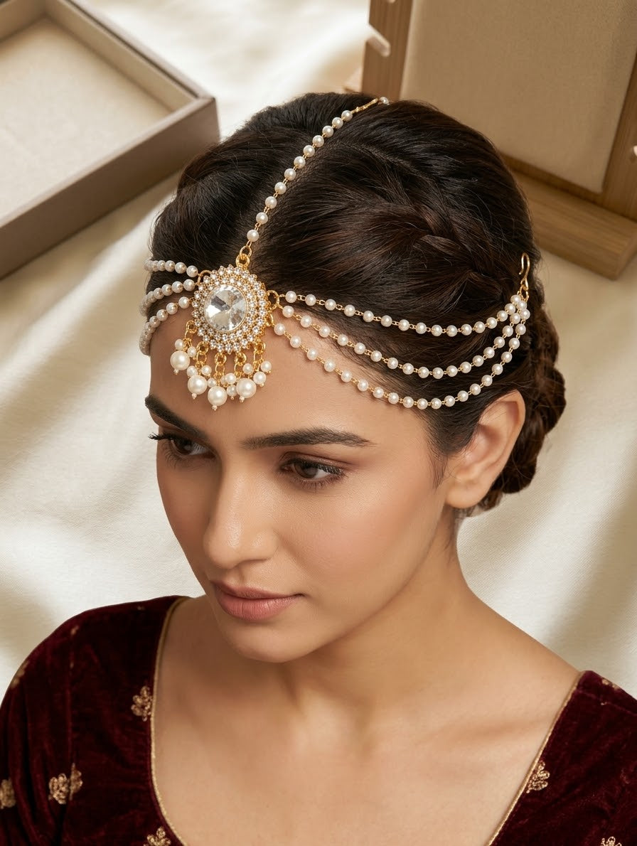 Traditional Pearl Matha Patti with Stone Studded Centerpiece