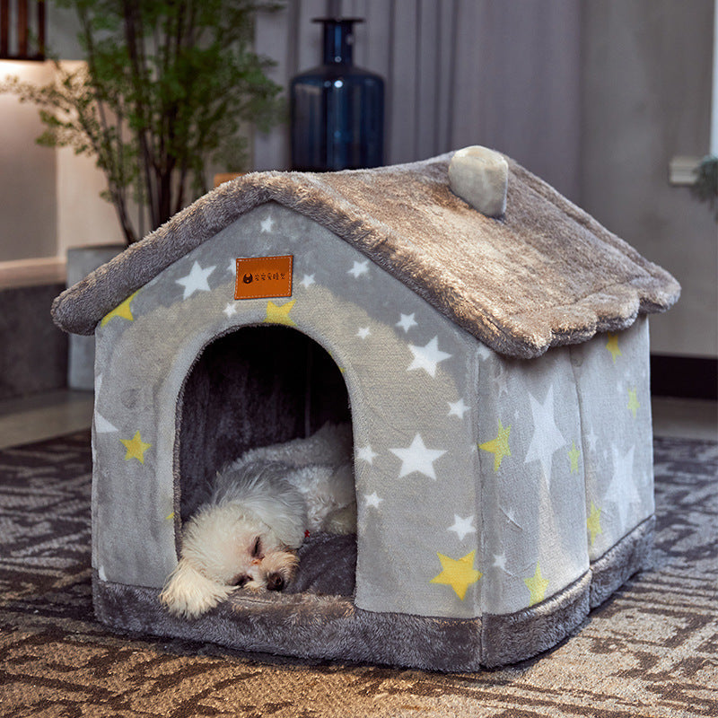 Foldable Warm Pet House with soft plush interior, removable cushion, semi-enclosed cave design, and non-slip base for cats and small dogs
