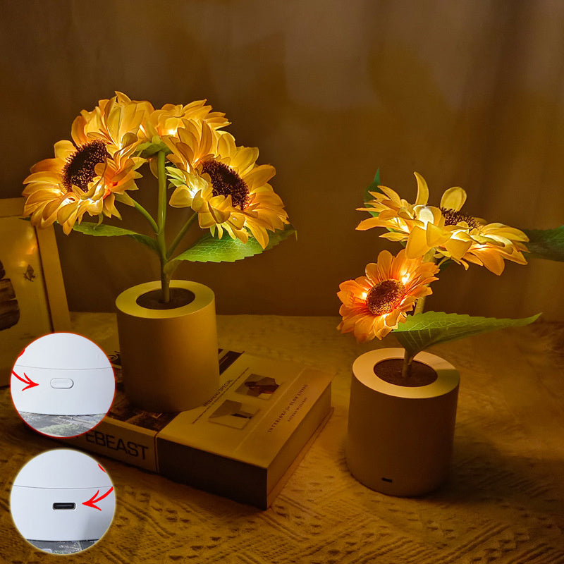 Rechargeable Sunflower LED Night Light with realistic sunflower design and warm decorative LED lighting