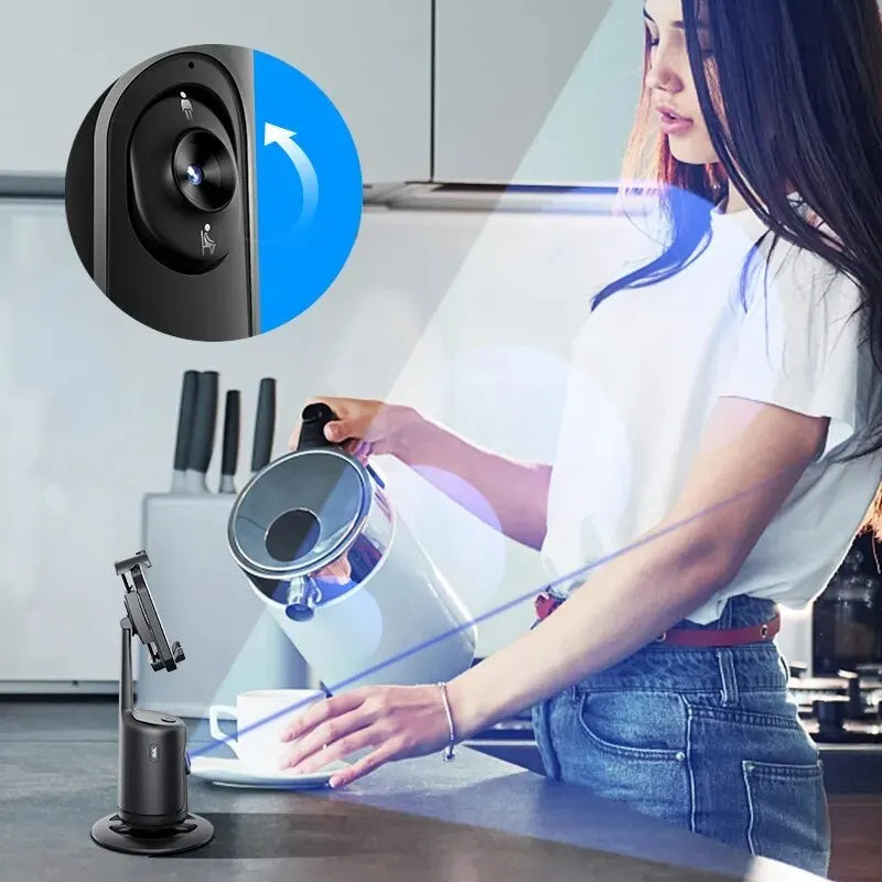 AI Auto Face Tracking Phone Holder with 360-degree smart rotation, gesture control, USB rechargeable battery, and tripod compatibility for vlogging and live streaming