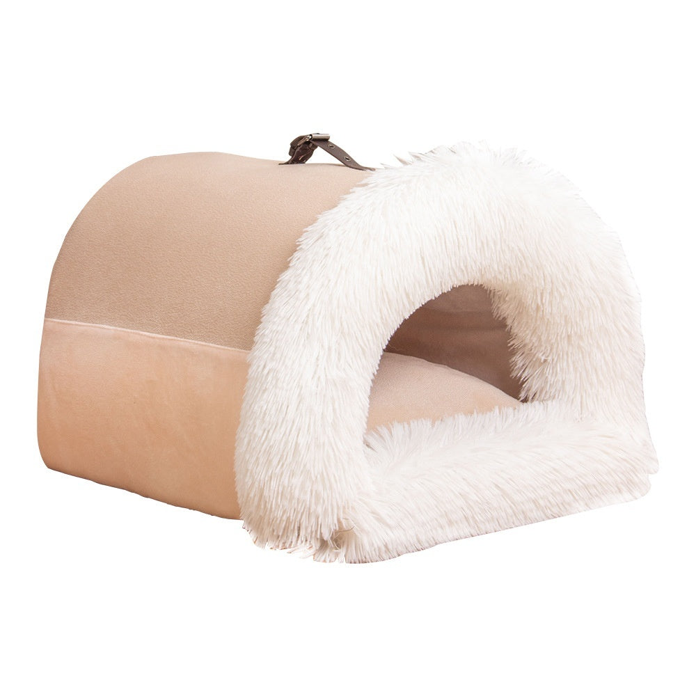Warm Plush Pet Bed with soft long plush fabric, semi-enclosed design, and moisture-resistant base for cats, puppies, and small dogs