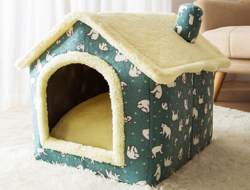 Foldable Warm Pet House with soft plush interior, removable cushion, semi-enclosed cave design, and non-slip base for cats and small dogs
