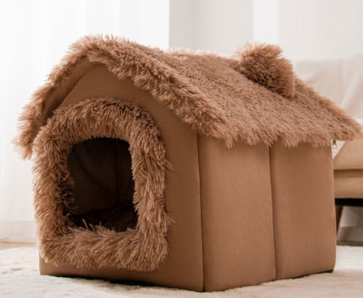 Foldable Warm Pet House with soft plush interior, removable cushion, semi-enclosed cave design, and non-slip base for cats and small dogs