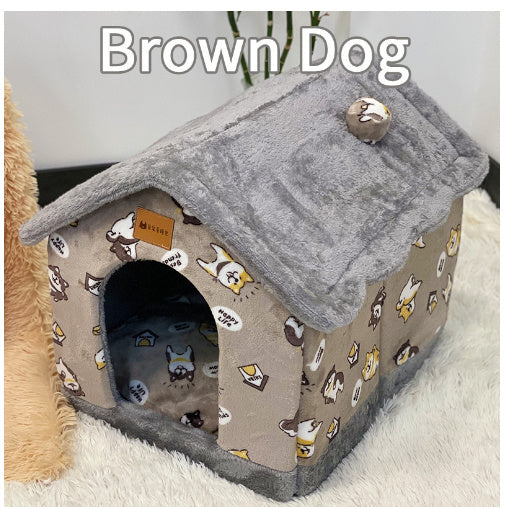 Foldable Warm Pet House with soft plush interior, removable cushion, semi-enclosed cave design, and non-slip base for cats and small dogs
