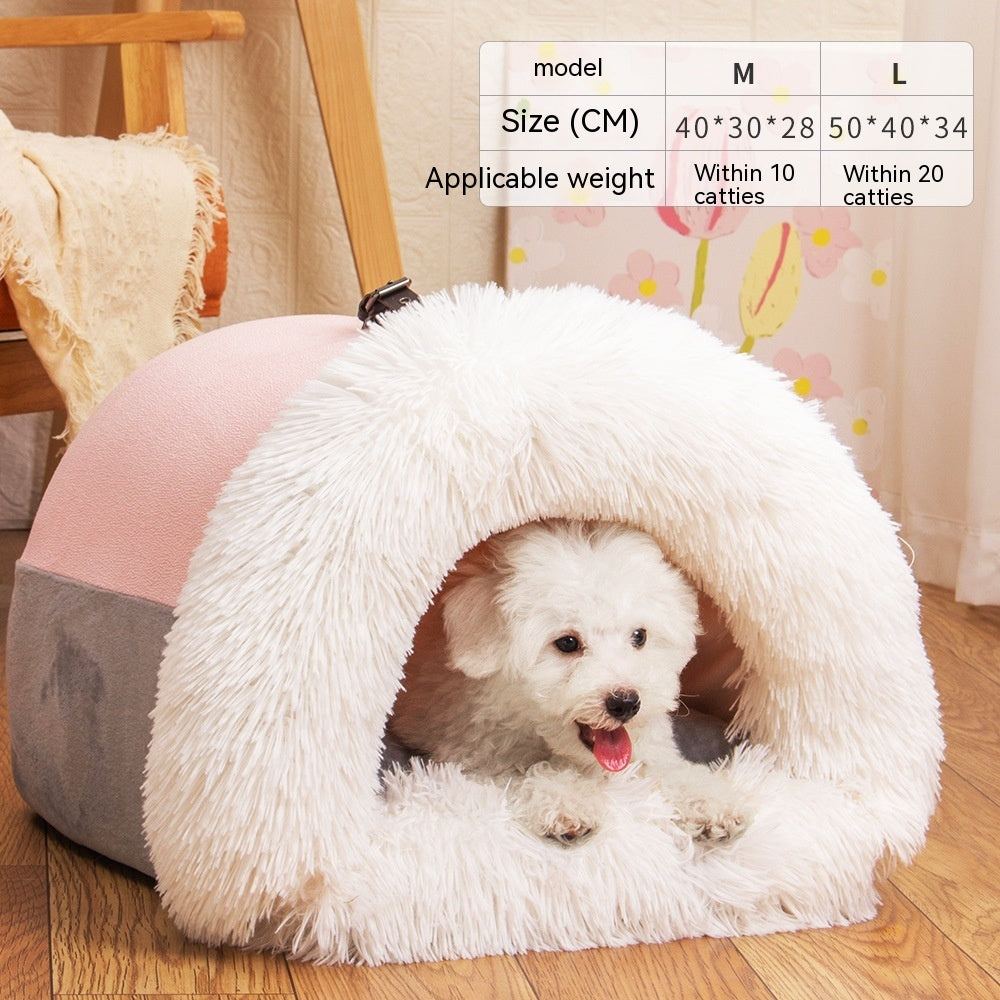 Warm Plush Pet Bed with soft long plush fabric, semi-enclosed design, and moisture-resistant base for cats, puppies, and small dogs