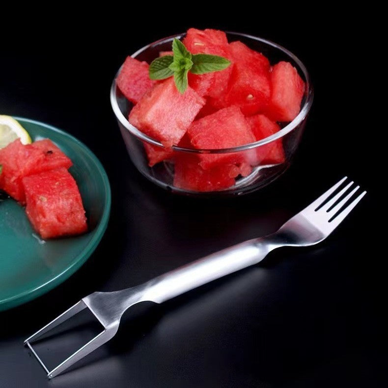 2 in 1 Watermelon Fork Slicer made from stainless steel for cutting and serving watermelon, mango, and other fruits with ease