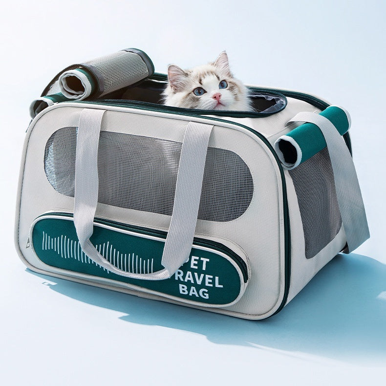 Soft Sided Pet Travel Carrier with breathable mesh panels, foldable design, shoulder strap, and secure zipper for cats and small dogs