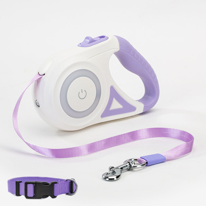 Retractable Dog Leash with Collar featuring automatic retractable nylon rope, ergonomic anti-slip handle, and one-button locking system for small and medium dogs