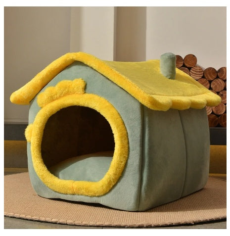Foldable Warm Pet House with soft plush interior, removable cushion, semi-enclosed cave design, and non-slip base for cats and small dogs